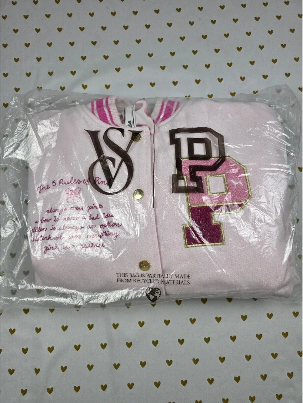 NWT Victoria's Secret PINK LoveShackFancy Varsity Jacket Pink LARGE NEW HTF